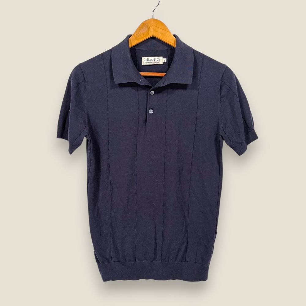 Collars & Co Cotton Silk Knit Polo Shirt Sweater Men Small Navy Blue Stripe